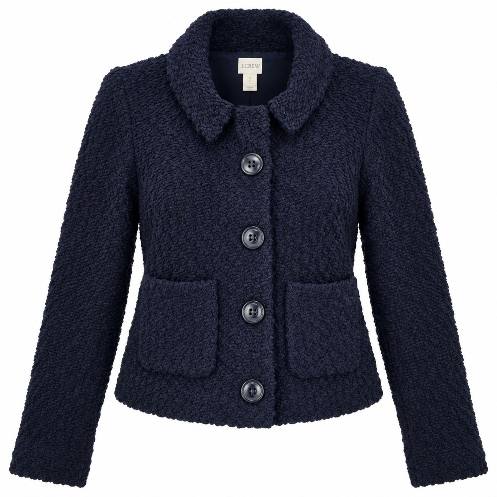 Chicos Blue Sweater Boucle Wool Blend Womens S  Button Front Funnel Neck Jacket